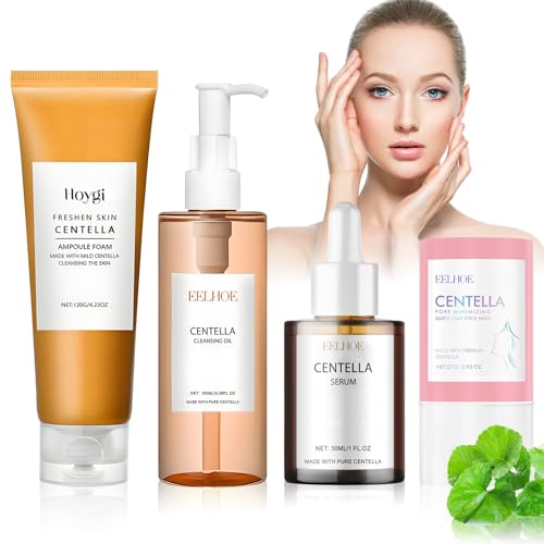 Pack de 4 Productos con Extracto de Centella Asiatica | Barra de Arcilla (27g) + Sérum (30ml) + Espuma Limpiadora (125ml) + Aceite Desmaquillante (100ml) | Rutina de Cuidado | Para Piel Sensible