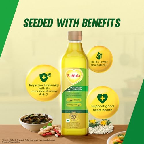Image of Saffola Cold Pressed Oil, Goodness of 2 - Groundnut & Safflower | Helps Lower Cholesterol, Make Easy-To-Digest Food | 1L Pet Bottle
