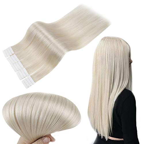 RUNATURE White Blonde Tape in Hair Extensions 18Inch Real Hair Extensions Tape in Human Hair 50G 20Pcs Tape Hair Extensions White Blonde Natural Human Hair