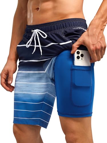 SILKWORLD Mens Swim Trunks Quick Dry Bathing Suit Board Swimming Shorts with Zipper Pockets and Compression Liner