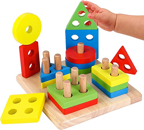 Lewo Holzpuzzles Geometrisches Stapel Steckspiel Farben und Formen Sortierspiel Lernspielzeug für Kleinkind Kinder