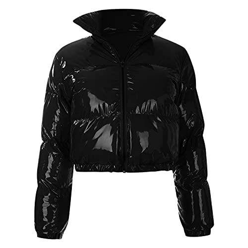 Manteau court en cuir verni noir ou bleu pour femme S