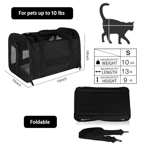 Image of Cat Carrying Case - Pet Carrier Airline Approved, Protable and Breathable Pet Travel Carrier Removable Fleece Pad, Collapsible Cat Carrier Dog Carrier for Medium Cats Small Cats Dogs (Small, Black)