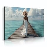 自由奔放に生きるモダンスタイルキャンバスポスターブルーの海と空の壁アートロングホワイトドレスの女性壁の装飾プリント寝室ダイニングルームランドリー80x112cmインナーフレーム