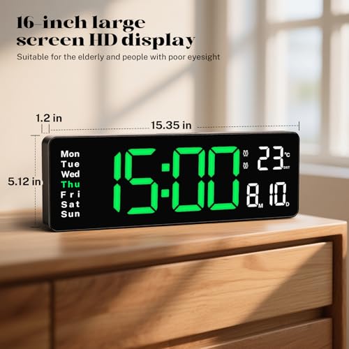 Image of Digital Wall Clocks,16 inch Large Display LED Digital Clock with Remote Control,LED Wall Clock with 8 RGB Color Night Light,Alarm,Date,Week,Temp,DST for Living Room & Office