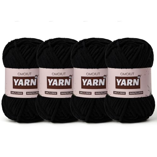 Image of 4 Packs Plush Chenille Chunky Crochet Yarn - Baby Yarn for Crocheting Soft - Velvet Yarns Knitting for Blankets Crafts - Fluffy Amigurumi Yarns 200g /262.5yds (4 Black)