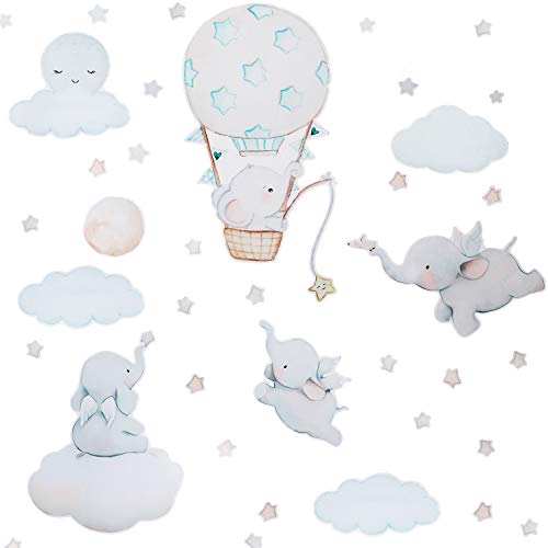 2 Fogli Adesivo Murale Elefante Volante Removibile Nube Luna Stella Mongolfiera Adesivo Murale Decorazione da Parete Cameratta Bambini Sfondo Animale per Camera da Letto Neonati Festa di Compleanno