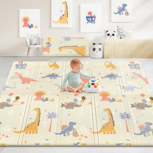 Image of VYPERX 79/''x71/''x0.4/'' Extra Large Waterproof Foldable Baby Floor Play Mat, XPE Foam Playmat for Infants Babies from Newborns to Toddlers, Crawl Walk, Reversible & Portable Dino and Track Pattern