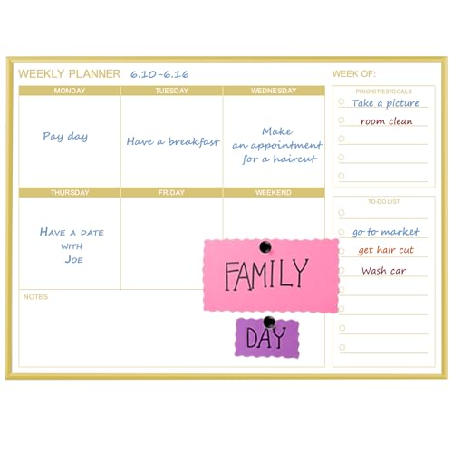 Dry Erase White Board Weekly Calendar Board, Magnetic Whiteboard for Wall,Gold Aluminum Frame Message Board,Horizontal,10.5“x14.5, Planner Board for Office, Home, Schooll(Weekly-BB-Gold-2737-L)
