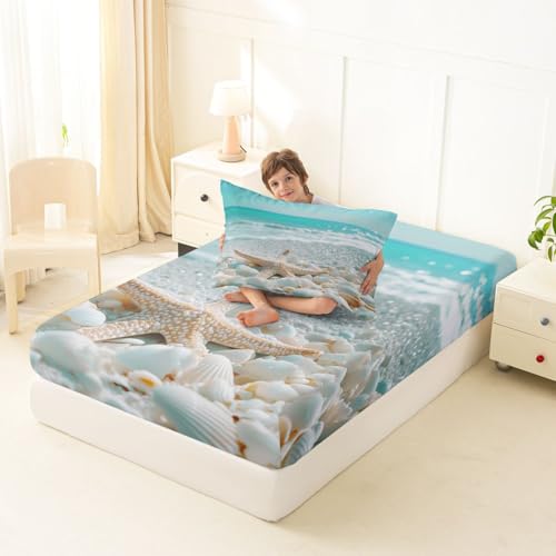 Image of jejeloiu Summer Beach Bed Sheets Set Twin Size Sea Bed Set for Kids Boys Girls Ocean Deep Pocket Fitted Sheet Starfish Breathable Soft Lightweight Microfiber