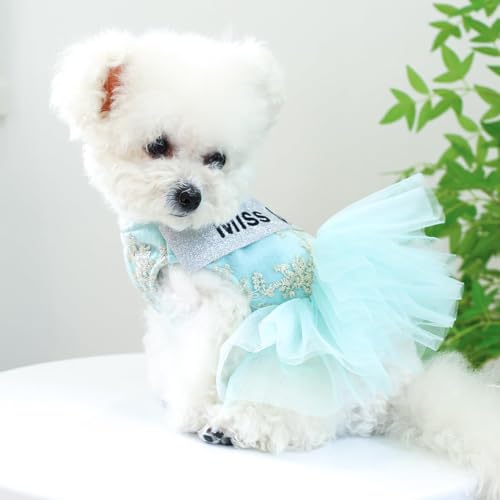 Selena Dog Clothes Pet Puppy Dress Princess Skirt MissUniverse Luxury Party Cat Outfits Netting Pet Apparel (Small,Blue)