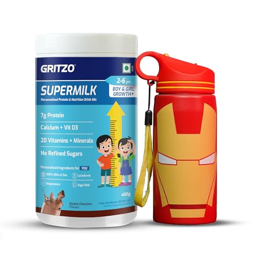 Image of Gritzo SuperMilk Growth+ (Formerly Height+) (2-6y Boy & Girl), 7g Protein Powder (Double Chocolate, 400g) with Iron Man Sipper Bottle (Red, 500ml)