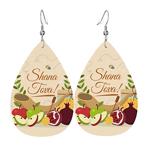 Pendientes de cuero Rosh Hashanah Shana Tova para mujer, colgante de gota con gancho, regalos para niña adulta