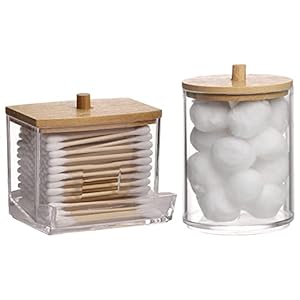 Tbestmax Qtips Holder Bathroom Container with Wood Lids, 10 OZ, 7 OZ Cotton Ball/Swabs Dispenser, Apothecary Organizer Jar for Storage 2 Pcs