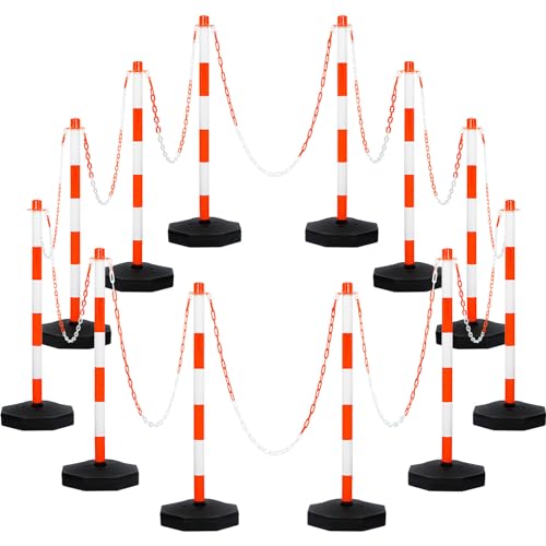 Image of Amylove 12 Packs Traffic Delineator Post Cone with Base, Traffic Cones Safety Cones Caution Cones Plastic Stanchion Chain Safety Barriers with 6.6 Feet Link Chain and S Hooks for Parking Lot (Orange)