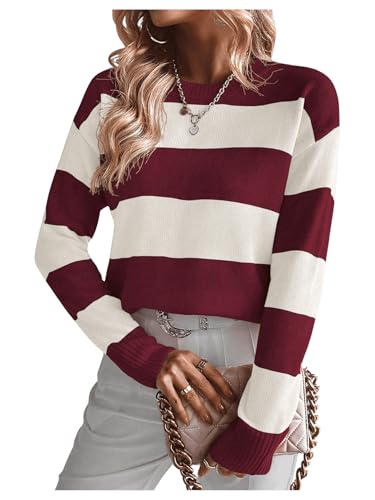 Image of MakeMeChic Women's Striped Sweaters Colorblock Crew Neck Long Sleeve Casual Pullover Tops Burgundy X-Large