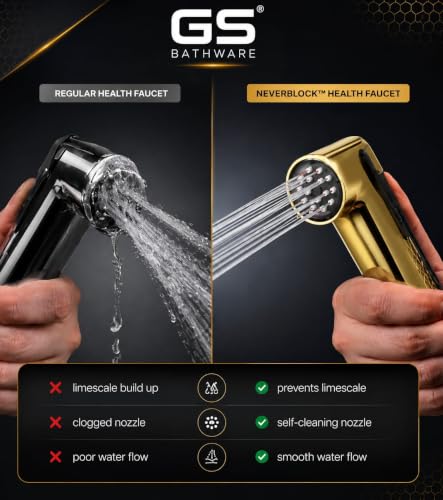Image of Premium Plus Gold Health Faucet Complete Set with 1 Meter Matching Hose & Wall Hook | Self Cleaning Jet Spray for Toilet | NeverBlock AutoClean Nozzles | High Pressure | Gold Finish