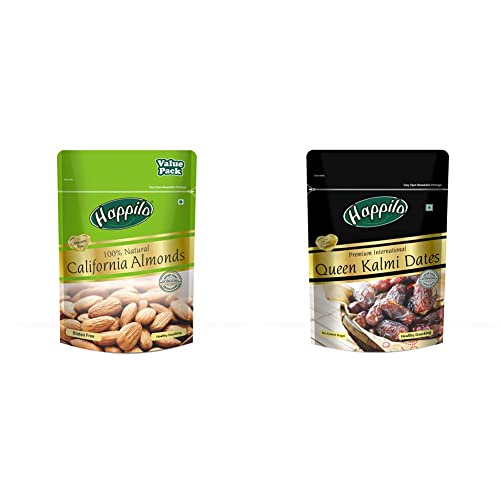 Image of Happilo 100% Natural Premium Californian Almonds Value Pack Pouch, 500 g & Happilo Premium International Queen Kalmi Dates, 200g
