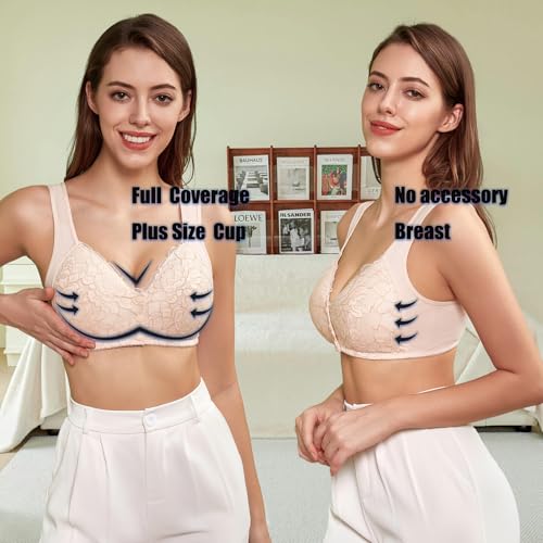 Image of No Underwire Lace Bras for Women Sponge Cup Front Closure Bra for Seniors Plus Size Full Coverage Bra No Wire Bras