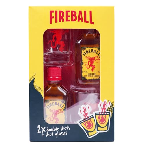 Fireball Whisky Gift Pack Contains 2 x 50ml Bottles of Cinnamon Whisky 33% ABV and Two Red Dragon Shot Glasses Limited Edition for Birthday Gifts Christmas Gifts Stocking Fillers By Blue Tree Gifts