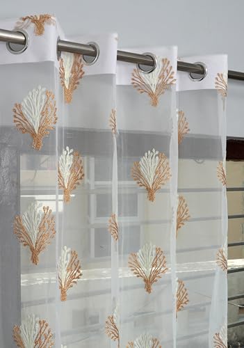 Image of littlelotus Floral Embroidery Tissue Net Sheer Transparent Curtains for Door 9 feet Long Set of 2, White