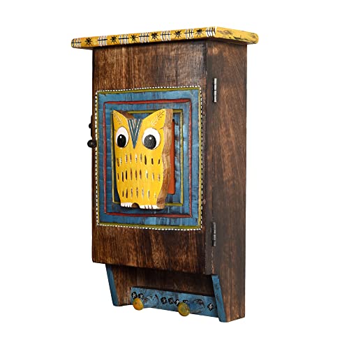 Image of AAKRITI ART CREATIONS Key Holder, Hooting Owl Key Hanger with Storage Box | Rustic Wood Wall Organizer with 7 Hooks | New Home Gifts | Multifunctional Entryway Decor Item