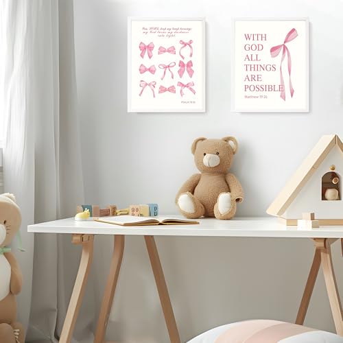 Image of LARTSFRO Coquette Pink Bow Christian Wall Art Decor Posters, Pink Bow Room Bedroom Bathroom Dorm Wall Art Decor Aesthetic for College Teen Girls Gifts, Inspirational Bible Verses Bow Wall Decor, 12x16 Inch Set of 4 Pcs Bow Pictures (UNFRAMED)