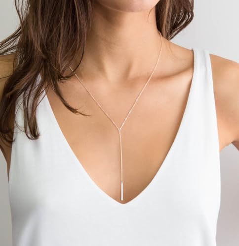 Metzakka Sterling Silver Lariat Necklace, Chic Minimalist Drop Bar Y Chain Necklace for Women3