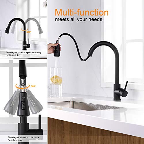 Sink Faucet, Black Kitchen Faucet with Pull Down Sprayer VFauosit Commercial Stainless Steel Laundry Single Handle Pull Out Kitchen Faucets Matte Black, Grifo para Fregaderos de Cocina