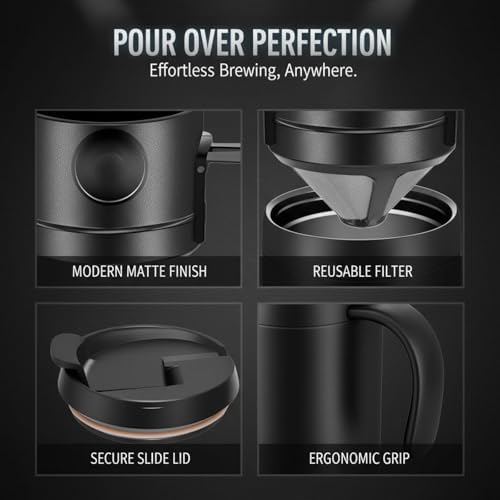 Kronabelle Portable Pour Over Coffee Maker Set, 304 Stainless Steel Insulated Travel Mug, Reusable Dripper and Spoon, Easy to Clean, Keeps Hot and Cold Beverages, for Camping, Office, Home Use - 5