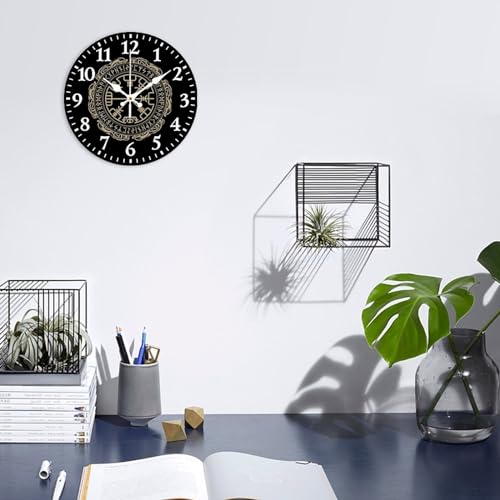 Puywtiy SHOP-S3LNSYRLCL2D-FPWC Black Celtic Viking Design Magical Runic Compass Vegvisir In The Circle Of Norse Runes And Dragons T Silent Wall Clock 9.8 Inch thumb #5