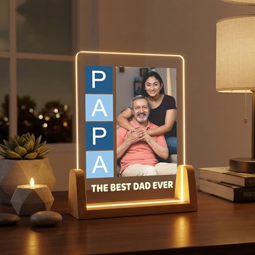 Image of Giftplease Rectangular Tabletop Acrylic LED Photo Frame for Papa | Personalized Wooden Night Lamp with Custom Picture | Fathers Day Dad Birthday Family Memory Decor Light for Bedroom Office Desk