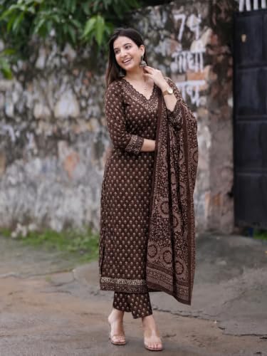 Image of GoSriKi Viscose Printed Kurta With Pant And Dupatta for Women | Straight Kurti Set for Woman | 3 /4 Sleeve V-Neck Stylish Kurta Pant Dupatta Ethnic Outfit Party Wedding