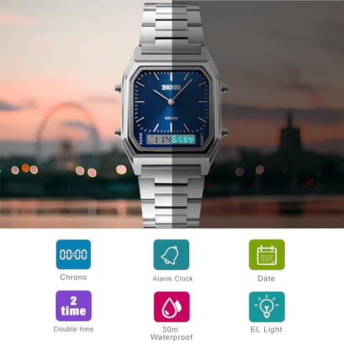 Gosasa Unisex Wrist Watch, Waterproof Military Analog Digital Watches with LED Multi Time Chronograph, Stainless Steel Business Watches for Men (Blue)