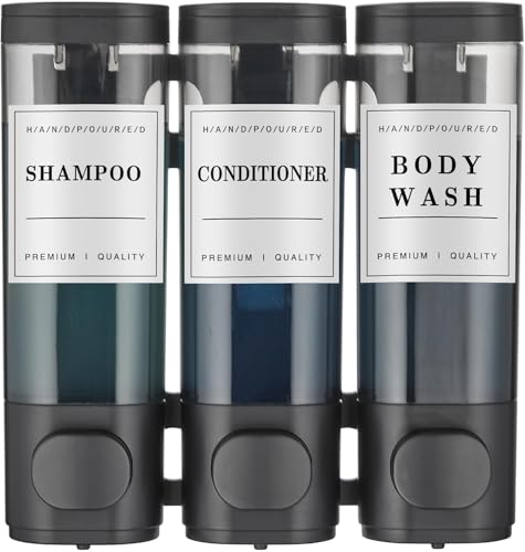 Black wall-mounted shampoo, conditioner, and body wash dispenser with 3 chambers. Perfect for keeping your shower organized and clutter-free
