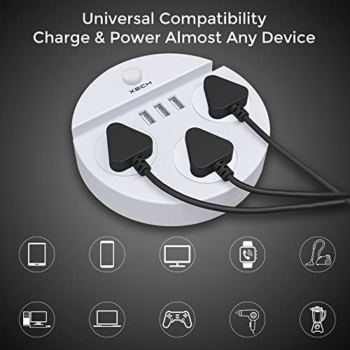 Image of XECH Extension Board with USB & Desk Light 2500W Power with 3 Universal Sockets & 3 USB Output Ports & 2 Meter Cable Length (Charging Disc PRO)