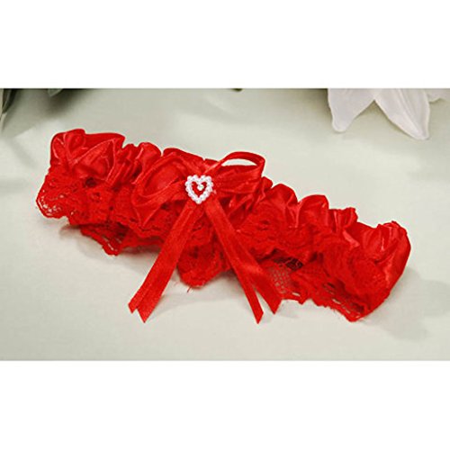 Garter Wedding Prom Satin and Lace Trim with Heart - Red