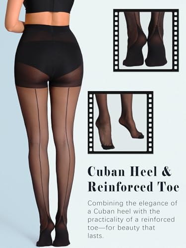 2 Pairs Sheer Backseam Tights for Women, Cuban Heel Stockings with Reinforced Toes & Control Top Pantyhose3