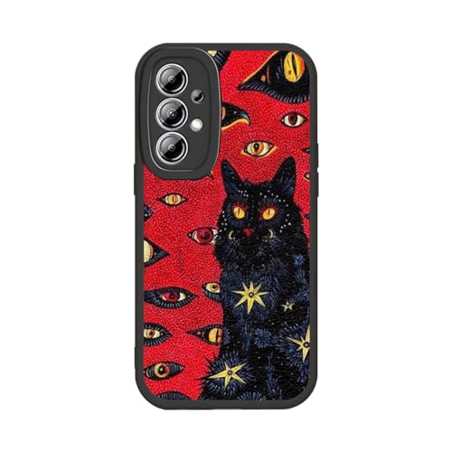 KANKENLU Black Cat Psychedelic Hippie Cat Phone Case for Samsung Galaxy A34 5G,Trippy Cute Cool Animal Cover for Teens Girls Women Men,Soft TPU Shockproof Full Protective Black Vegan Leather Case