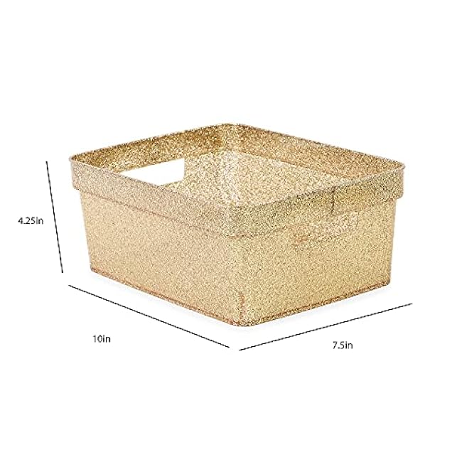 Isaac Jacobs Small Glitter Storage Bin (10¡± x 7.5¡± x 4.25¡±) Set w/Cut-Out Handles, Plastic Organizer, Multi-Functional, Home Storage Solution, Kids Playroom, Bedroom, Closet (4, Gold)