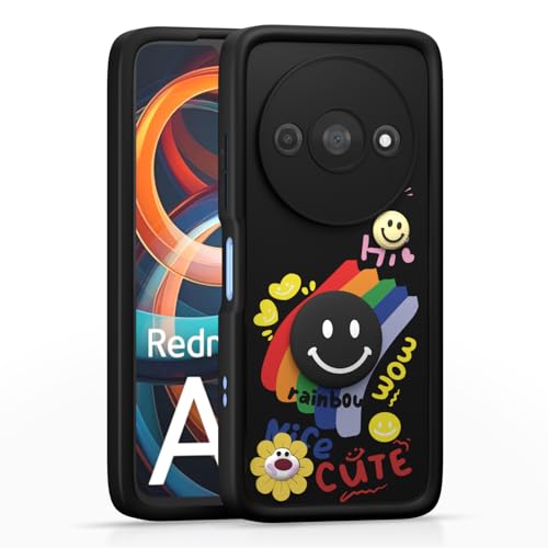 Image of Pikkme Back Cover for Redmi A3 (2024) / Redmi A3x / Poco C61 | Soft Silicone| Cute Rainbow Smile & 3D Cartoon Flower Design | Shockproof Raised Camera Protection Bumper Case (Black)