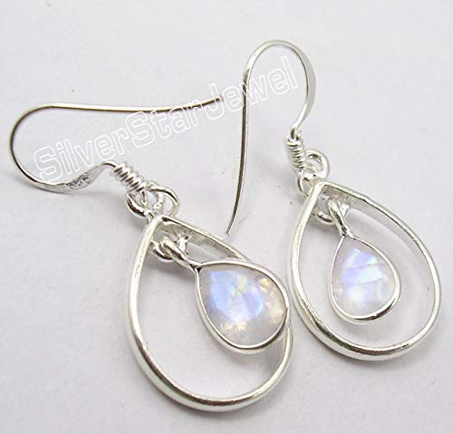 Solid Sterling Silver 6 x 9 mm Rainbow Moonstone Earrings 3.6 cm New Art2