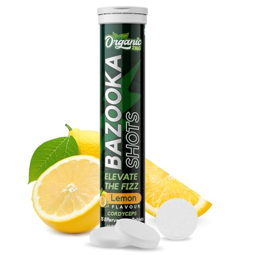 ORGANIC ZING Bazooka Energy Effervescent Tablets - Energy Boost, Pre-Workout, No Crash, & Boost Immunity with Cordyceps Extract - Lemon Flavor, 15 Tablets
