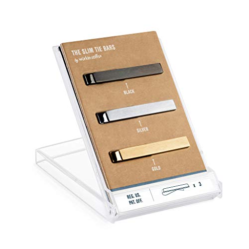 The Slim Tie Bar Clip Set by Würkin Stiffs | Set of 3 Brushed Finish Tie Clips | Includes (1) Gold, (1) Black, (1) Silver | Pack of 1.65” Long Necktie Clips | Gift for Men | As Seen on Shark Tank4