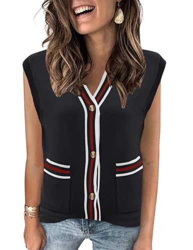 LOMON Sweater Vest Women 2025 Cap Sleeve Striped V Neck Tank Tops Trendy Summer Button Down Knit Cardigan Top with Pockets