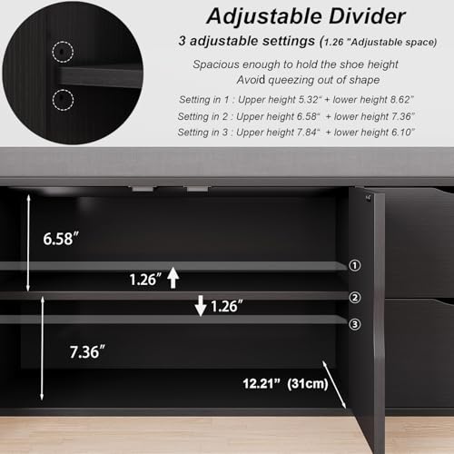 LVB 2-Tier Storage Bench with Padded Seat Cushion, Entryway Bench with 2 Drawers, Removable Barn Doors & Adjustable Shelf, Industrial Shoe Bench for Hallway, Bedroom, Living Room,Black Oak, 40 Inch