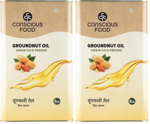 Image of Conscious Food Cold Pressed Groundnut Oil | 5 Litre | Peanut Oil | Natural | Cooking Oil | Kolhu /Kacchi Ghani /Chekku | Mungfali tel (Pack of 2)