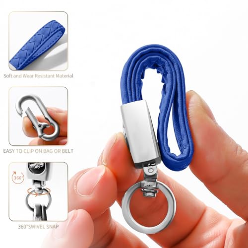Image of Gkeygo Carabiner Keychain, Universal Heavy Duty Woven Handmade Leather Key Chain, Car Fob Key Keychains with 360 Degree Rotatable Snap Swivel and Anti-Lost D-Ring for Men and Women, Silver - Blue