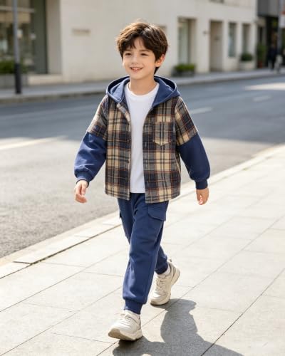 Image of 2Pcs Kids Boys Flannel Plaid Shirt Tops Pants Set Hoodie Sweatsuit for Fall Winter Spring Outfits 4-12 Years