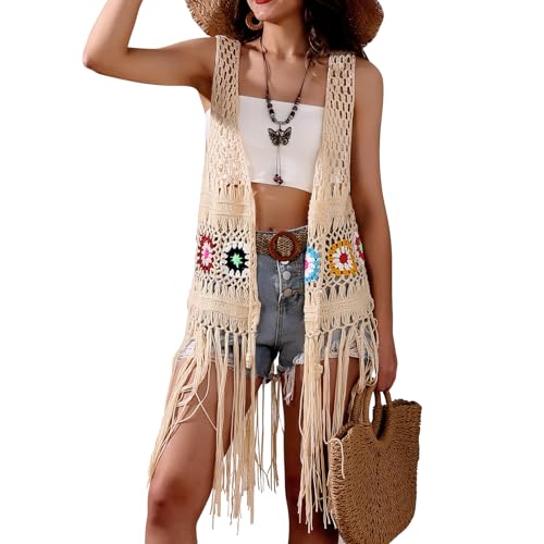 Image of Women's Floral Crochet Hollow Out Sleeveless Fringe Boho Retro-Look Handmade Cardigan Vest Tassels